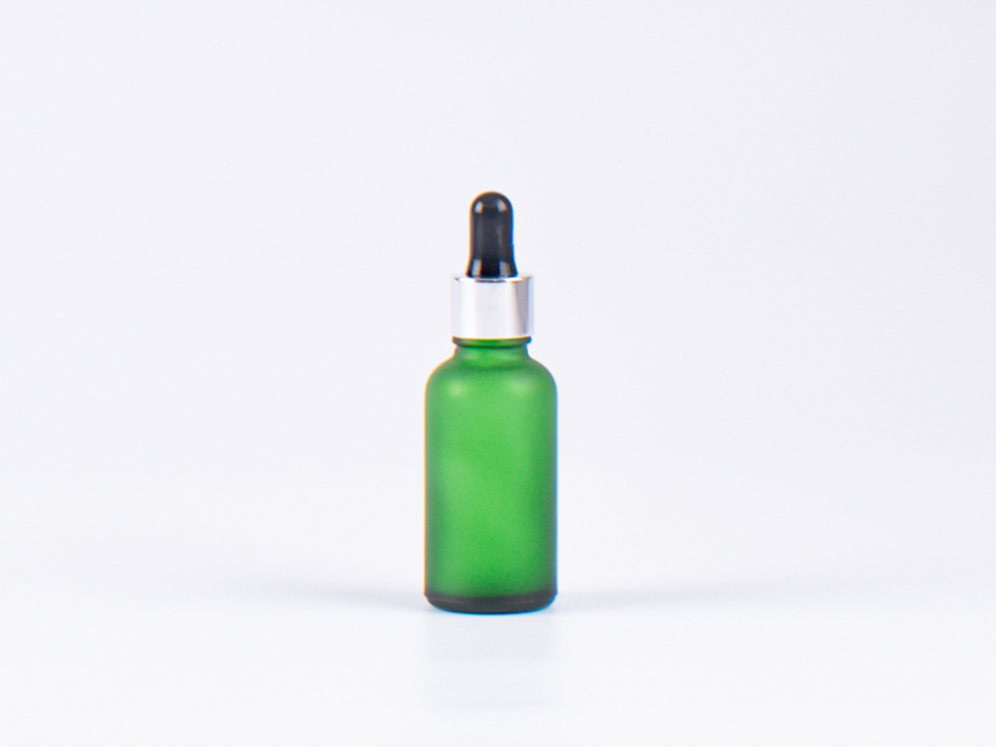 Grünglasflasche 30ml, mit Pipette silber-glanz